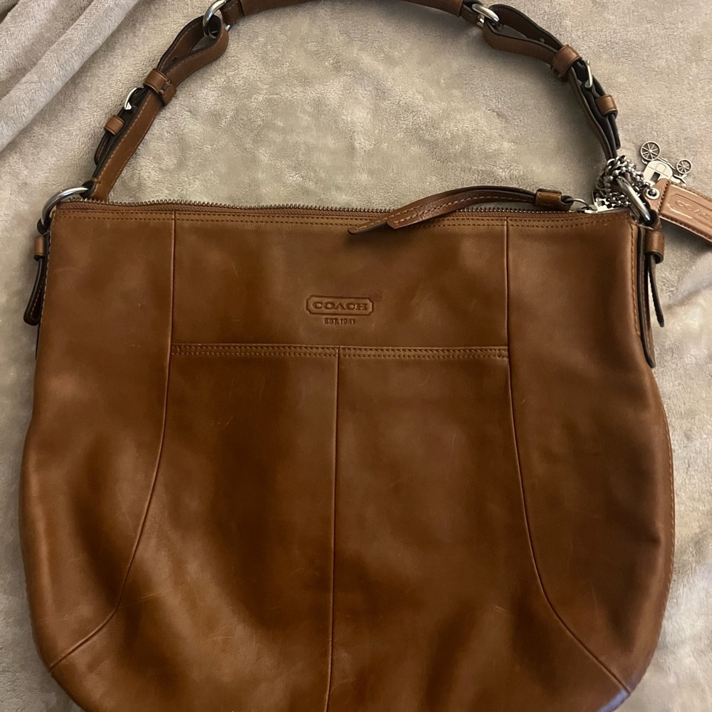 Coach Tan Brown Leather Shoulder Bag with Signature Charm